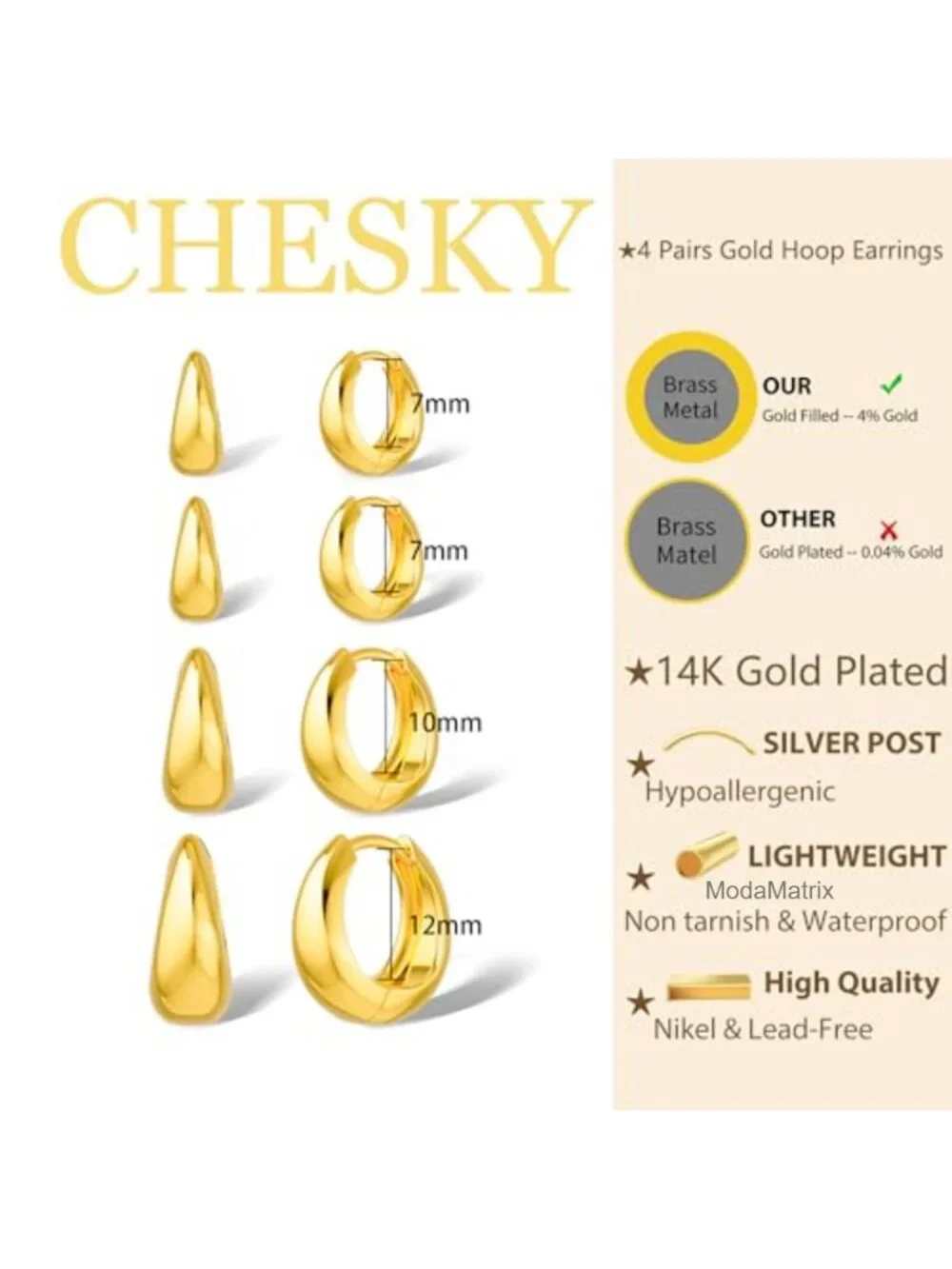 4 Pairs Small Huggie Hoop Earrings - 14K Gold Plated Chunky Lightweight